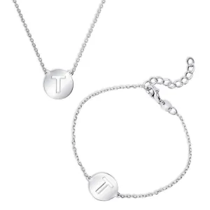 Sterling Silver Shiny 'T' Disc Initial Bracelet and Necklace Set