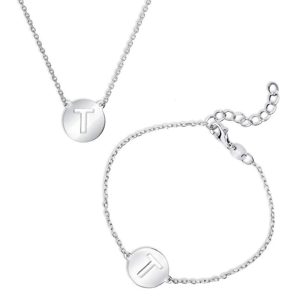 Sterling Silver Shiny 'T' Disc Initial Bracelet and Necklace Set
